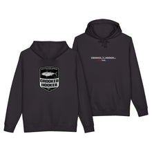 Load image into Gallery viewer, Crooked Hooker Cow Town Bluefin Pullover Hoodie – Black – back and front
