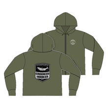 Load image into Gallery viewer, Crooked Hooker Salmon Badge Zip Hoodie – Military Green – back and front
