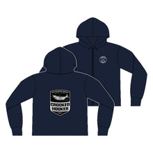Load image into Gallery viewer, Crooked Hooker Salmon Badge Zip Hoodie – Navy – back and front
